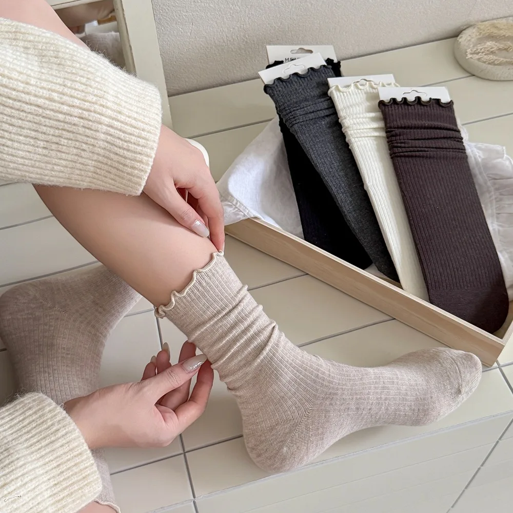 Autumn and Winter New Cotton Women Socks Japanese College Style Solid Color Medium Tube Socks JK Lolita Kawaii Cute Ruffle Socks
