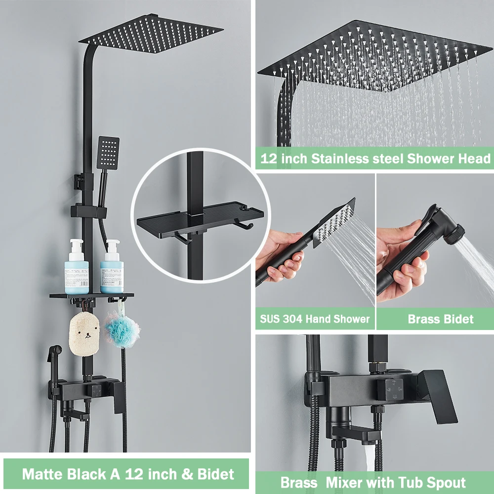 Regenval Badkamer Douchekraan Kit Met Bidet Wandmontage Roestvrij Staal Warm Koud Water Mengkraan Systeem Met Rek, Baduitloop