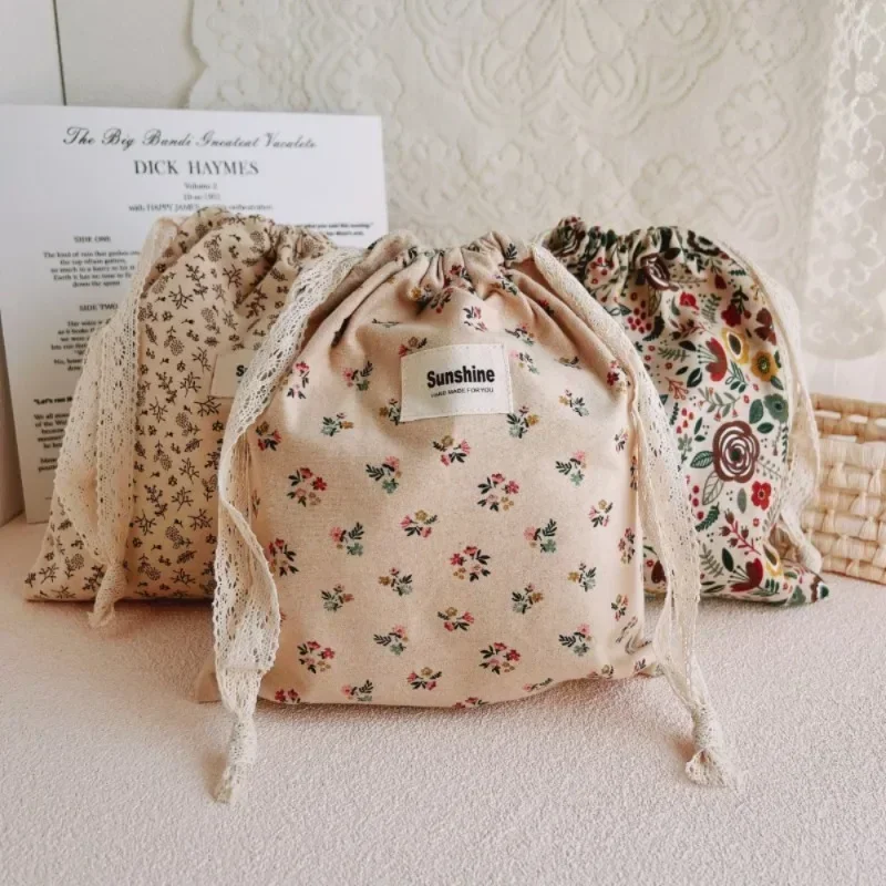 Printed Flower Drawstring Cosmetic Bags Cotton String Pocket Pack Travel Outdoor Drawstring Diaper Storage Bag