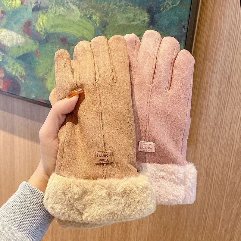 Gants chauds en fourrure pour femmes, mitaines à doigts complets, mitaines mignonnes, sports de plein air, écran féminin, nouvelle mode, automne, hiver, 2024