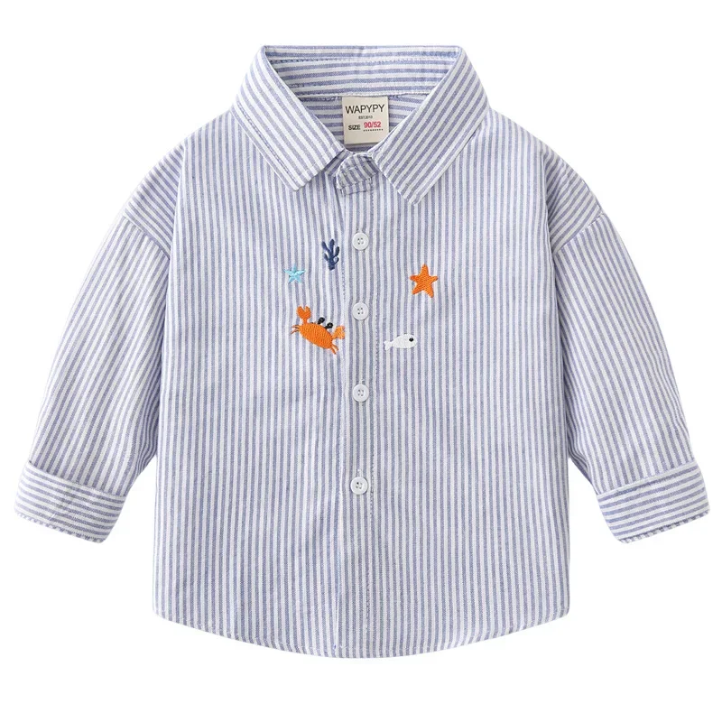 Spring Autumn Boys' Long Sleeve Shirt: Oxford Stripe Embroidered Shirts for Kids, 100% Cotton, Ages 3-8, Blue and White Stripes