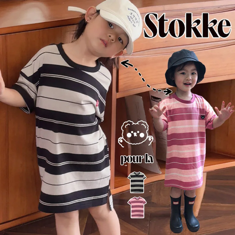 

RomperDew Girls Dresses Summer Children Love Embroidery Striped Long T Shirt Girls Loose Straight Skirt T-shirt dresses