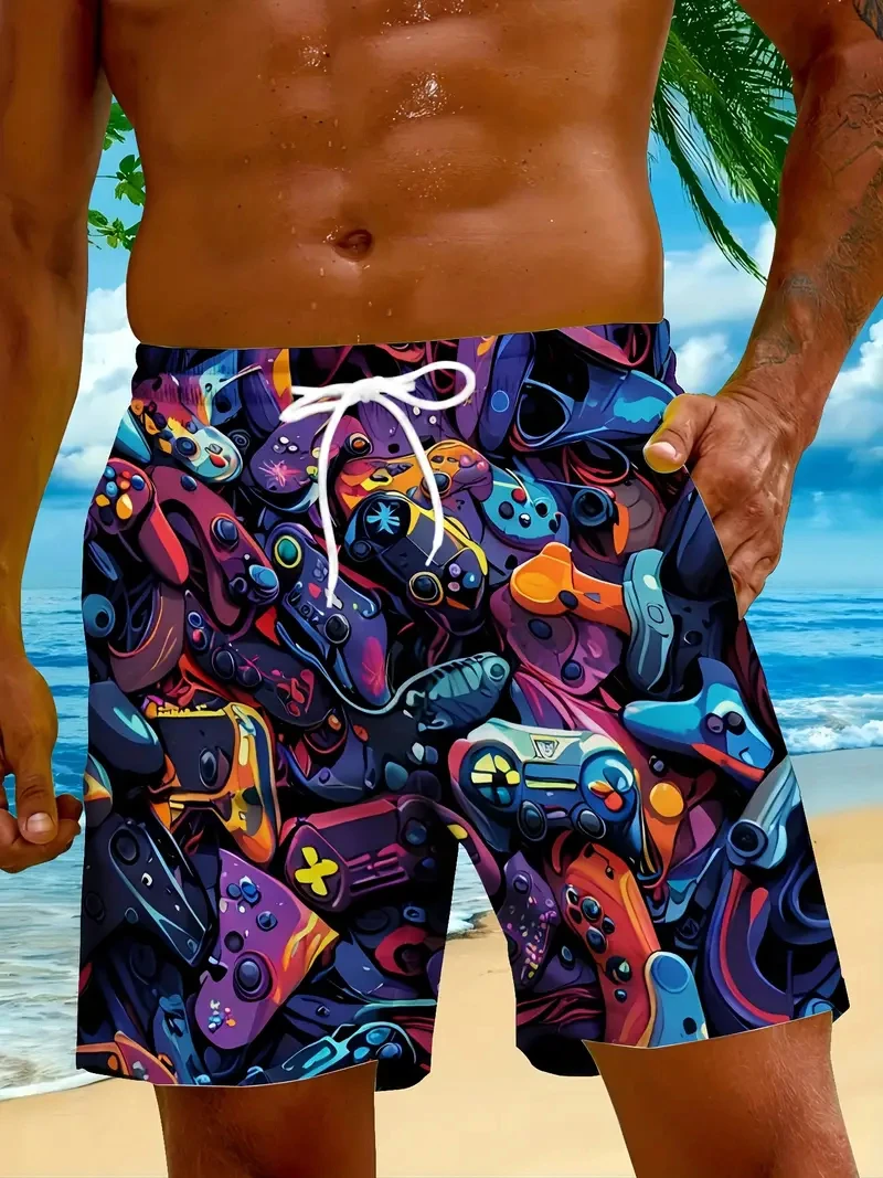 Męskie szorty kąpielowe z nadrukiem graficznym 3D, nowe letnie hawajskie szorty surfingowe z sznurkiem, wzór gamepadu, plażowe, 2025