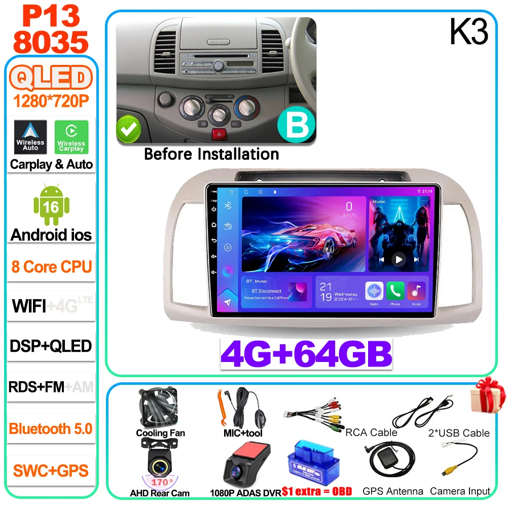 9 inch Android 16 autoradio multimediaspeler GPS voor Nissan March Micra K12 2002 2003 2004 2005 2006 2007 2008 2009 2010