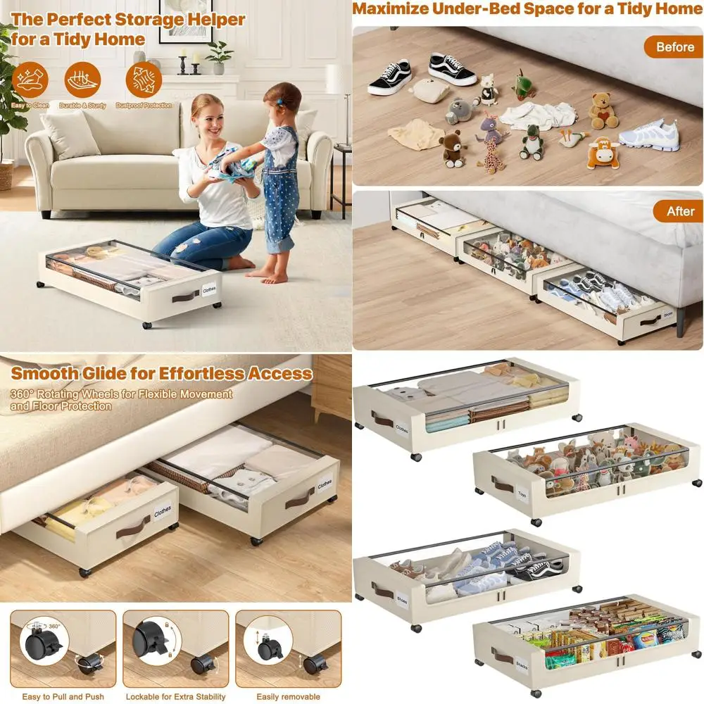 

4-Pack XXL 60L Under Bed Storage Boxes with Clear Lids and Wheels for Clothes and Shoes - Durable Organizers in White
