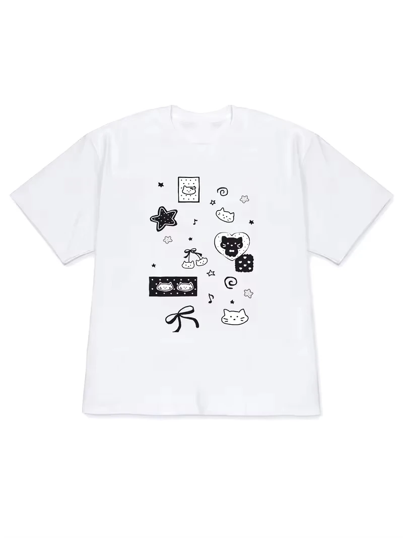Dot Bow Cat T-shirt Korean Hand Drawn Printed Short Sleeved Shirt Women Round Neck Daily Cute Daily Summer Comfortable Y2k Tops