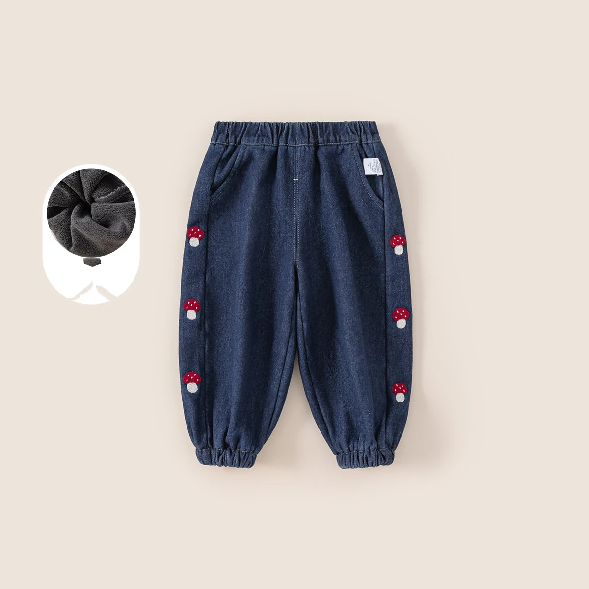 

Infant Baby Girls Fleece Jeans Mushroom Embroidery Kids Baby Girls Demin Pant 2025 Winter Elastic Waist Toddler Girls Pant