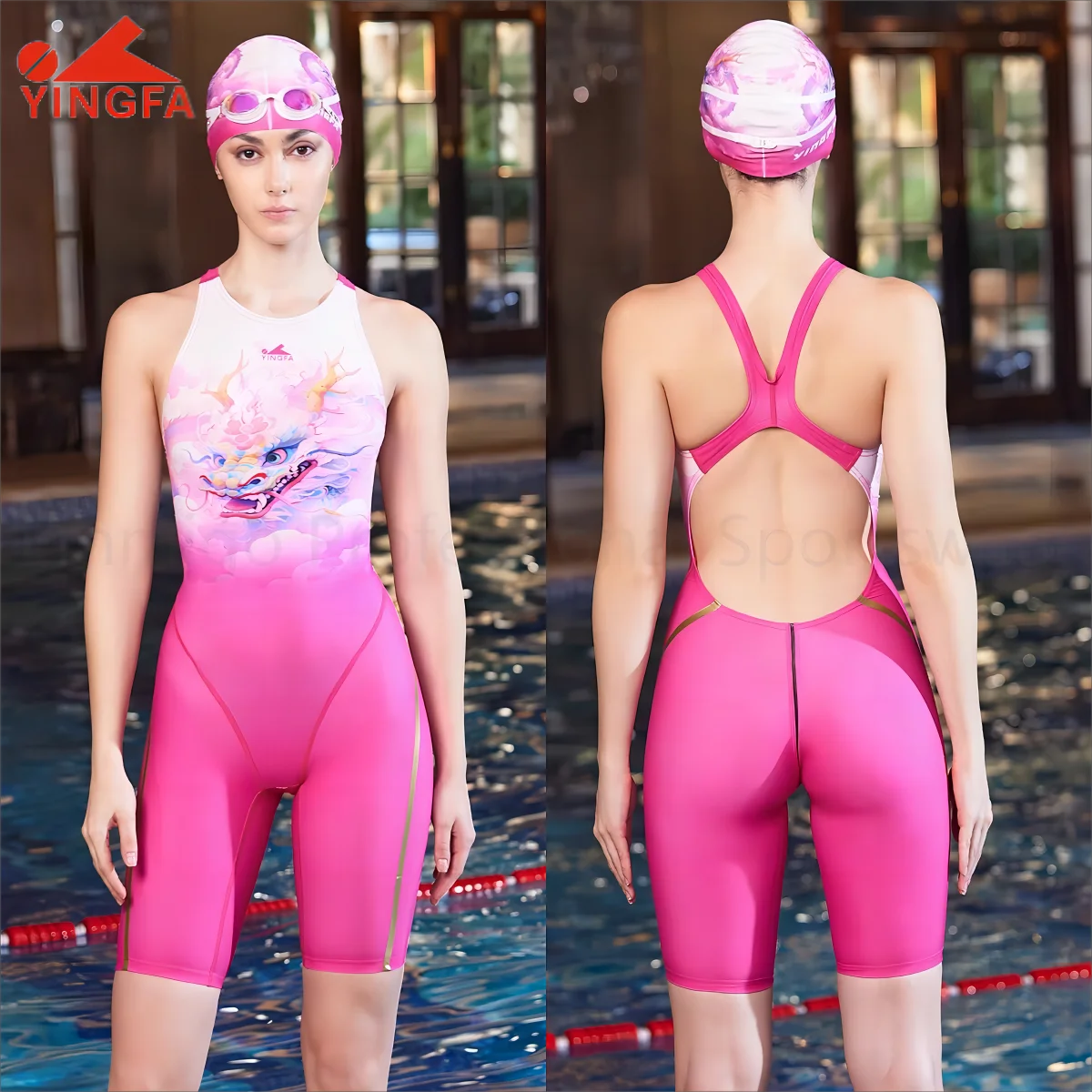 YINGFA Women's Professional Racing Swimsuit Juniorteenage Girl Fastskin Kneesuit Chlorine Resistant Fabric Pink Sporty Swimwear