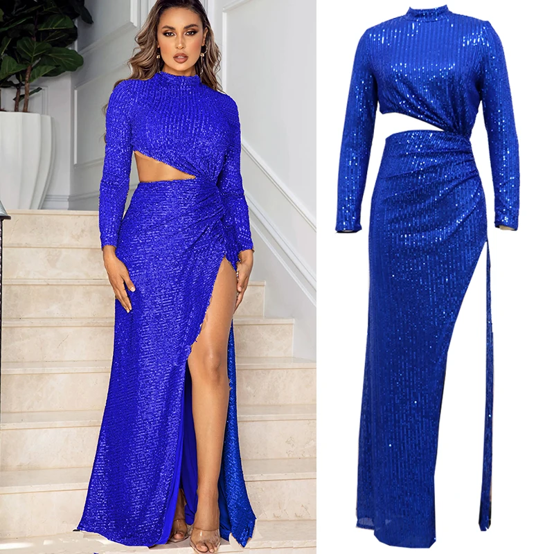 Royal Blue Stretch Sequin Floor Length Formal Evening Night Long Dress Full Sleeve Bodycon Mermaid Party Dress Vestidos Largos