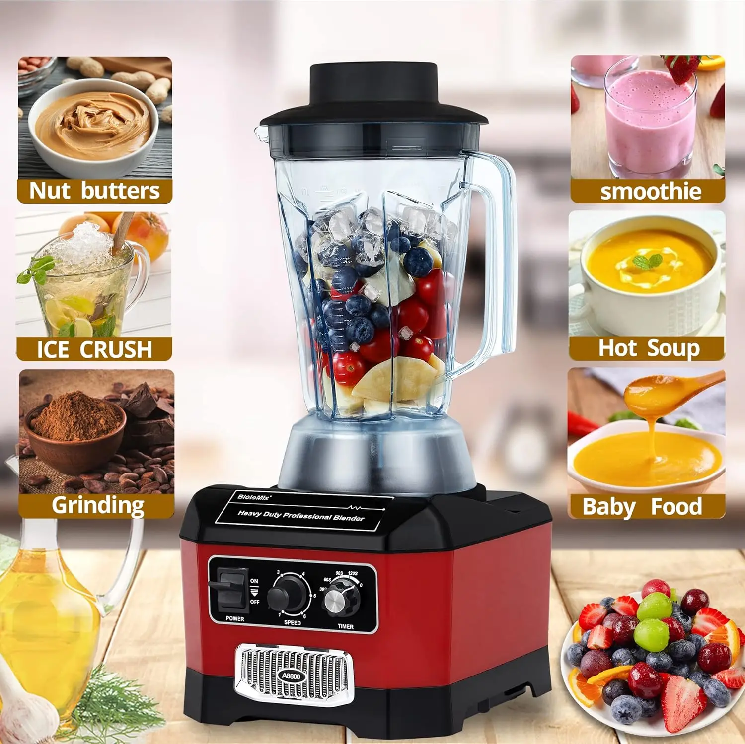 Heavy Duty Commercial Blender, 2200W 60Oz Professional Kitchen Blender for Smoothies, Shakes, Ice and Frozen Fruit, Optional Dry