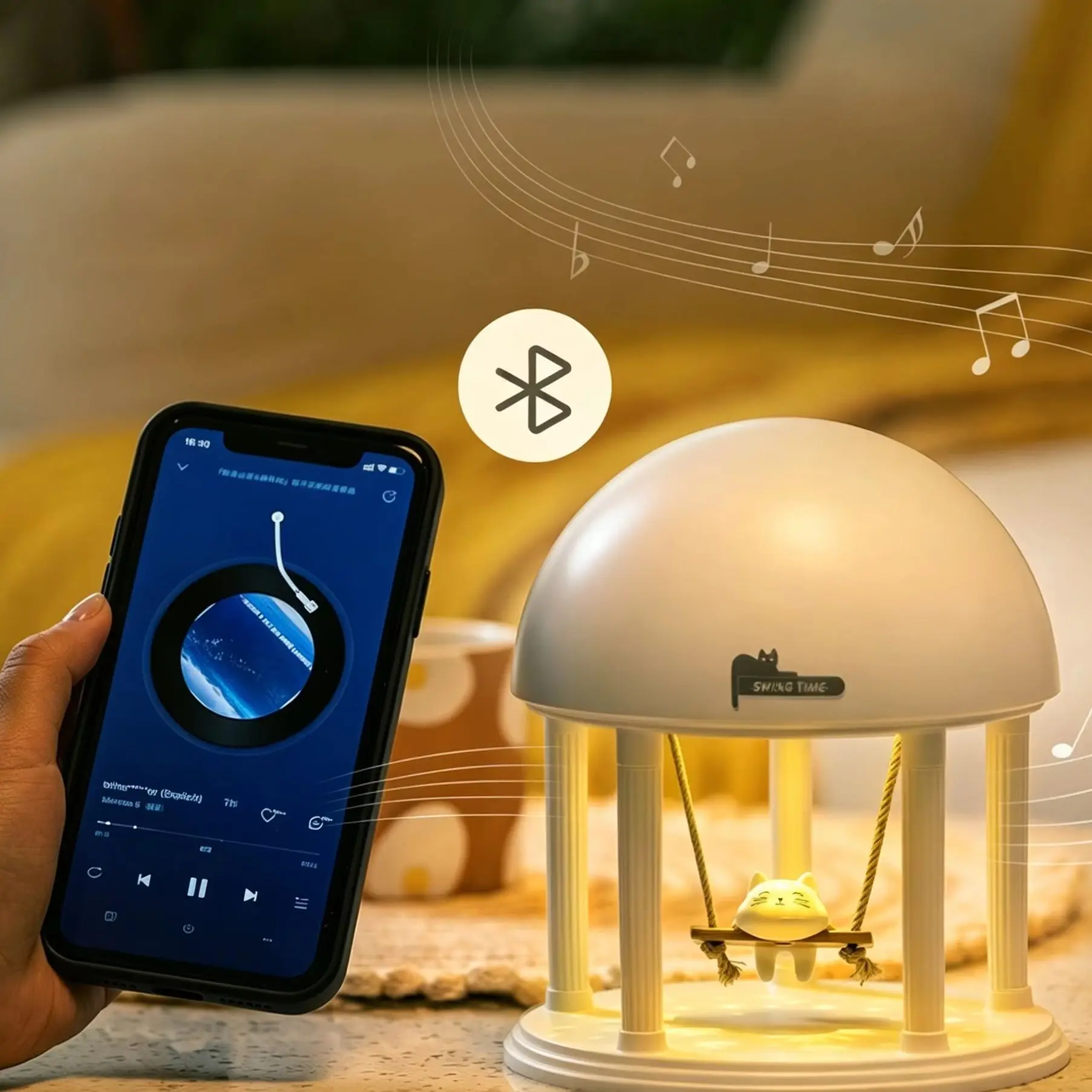 Swing Cat Cherry Blossom Projector LED Night Light Bluetooth Speaker Eye Care Ambient Lamp Home Bedroom Decor Gift