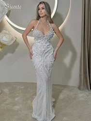 VC Pearls Embellished Long Dress White Sequins Mesh Sleeveless Halter Mermaid Cocktail Wedding Party Evening Gown Vestidos