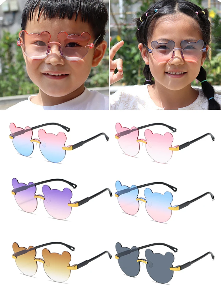 Lunettes de soleil sans monture ours de dessin animé pour filles et garçons, lunettes rondes rétro pour enfants, lunettes d'extérieur pour bébé, lunettes anti-ultraviolets, UV400