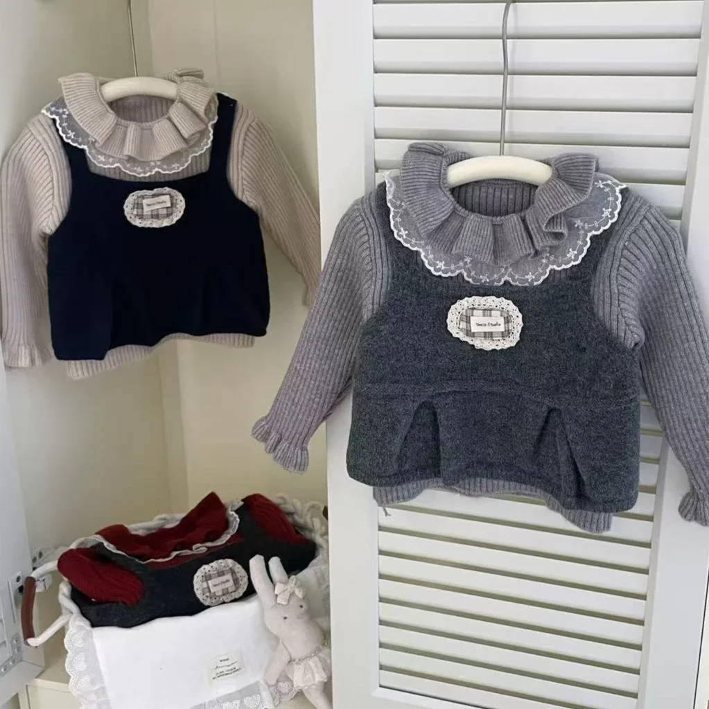 

Sweater 2025 Autumn and Winter New Childrens Clothing Korean Style Girl Baby Fashion Lovely Pure Color False Two Lace Sweater