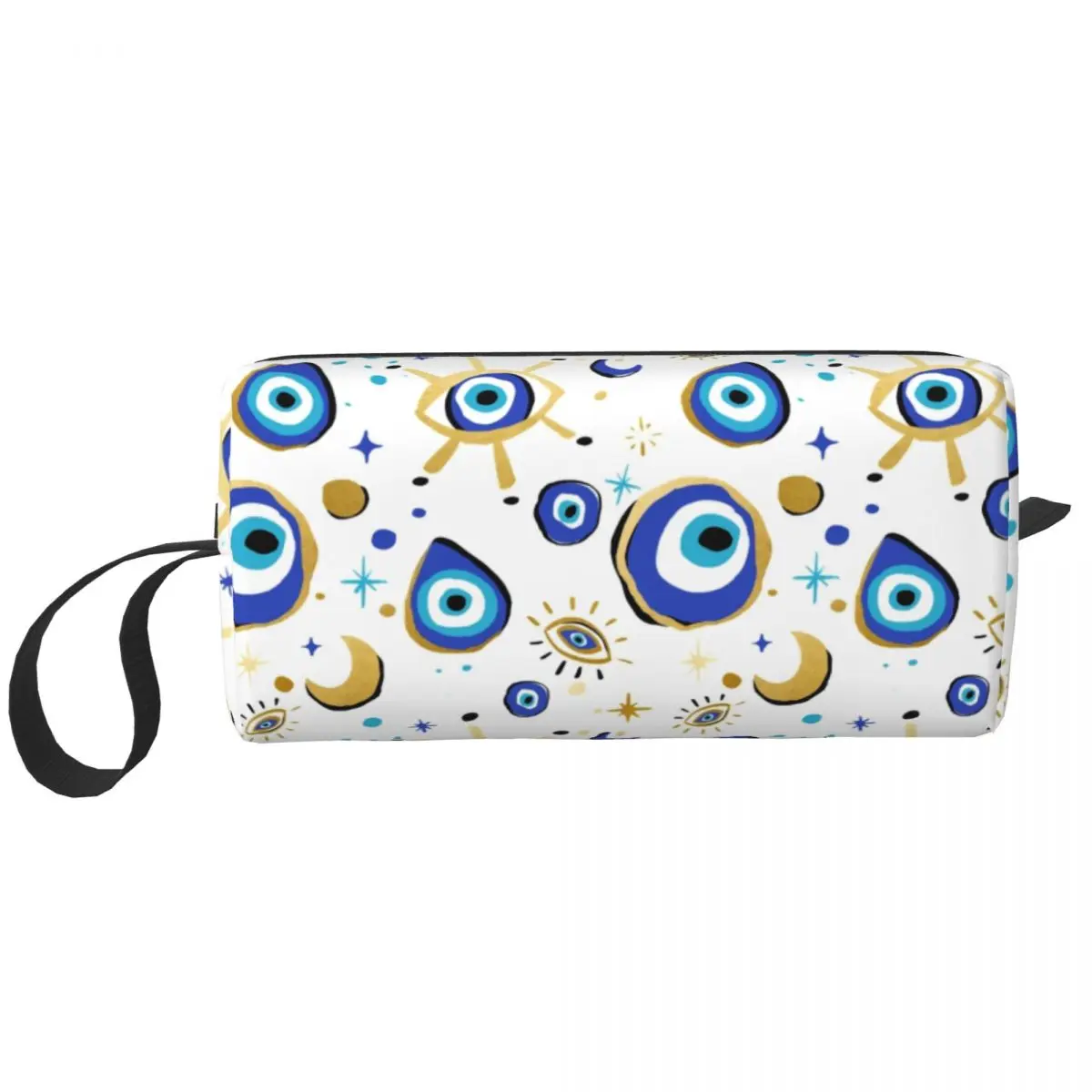 

Custom Mediterranean Blue And Gold Evil Eye Makeup Bag Women Cosmetic Organizer Hamsa Nazar Amulet Boho Storage Toiletry Bags