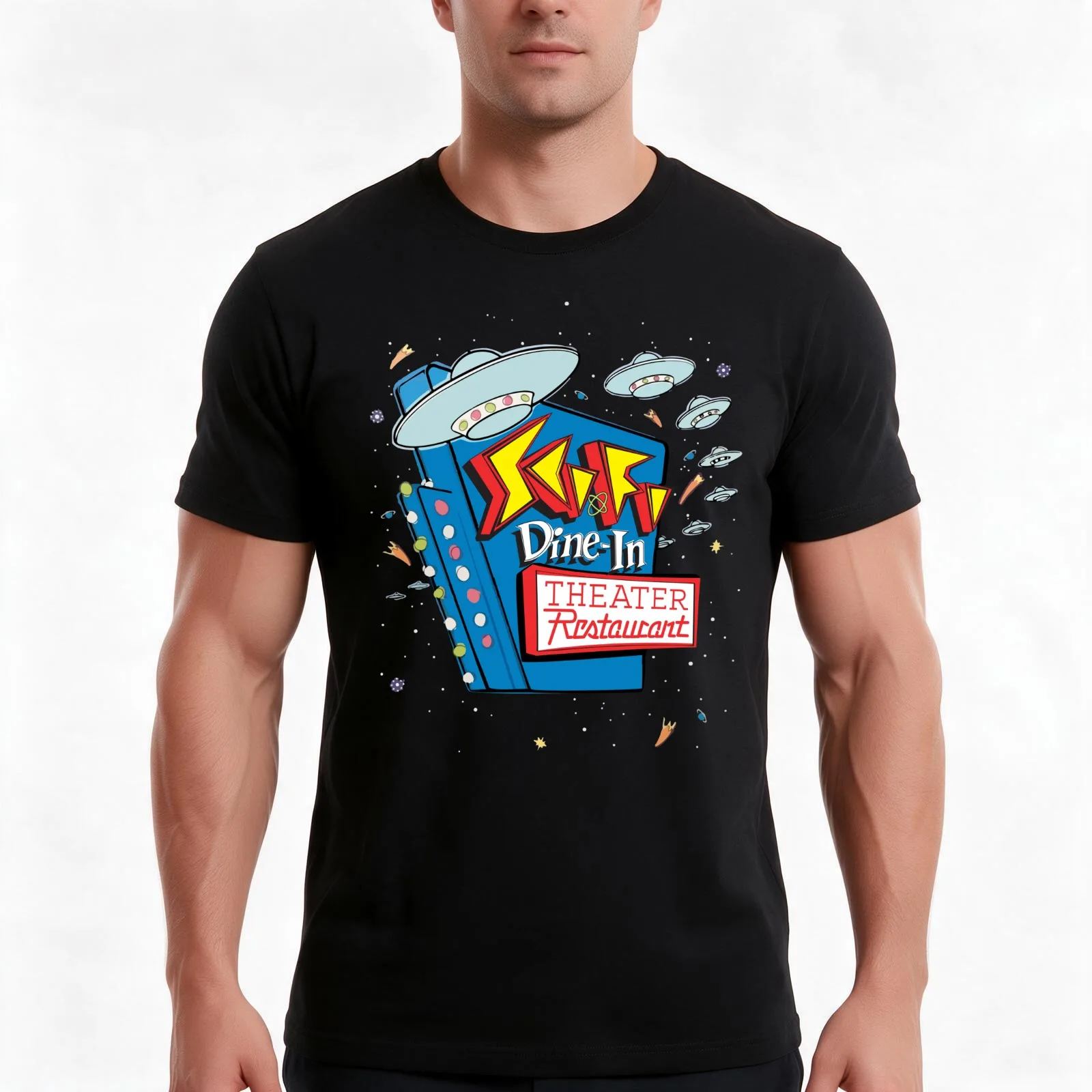 Sci-Fi Dine-In Theater Restaurant - UFO T-Shirt, Summer Casual Cotton Tee, Oversized Streetwear Tops, Vintage Graphic Print