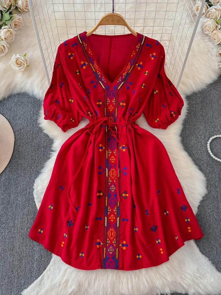 Ethnic Style Dress Summer New Style Embroidered Drawstring Mini Dress Bohemian Beach Dress A109