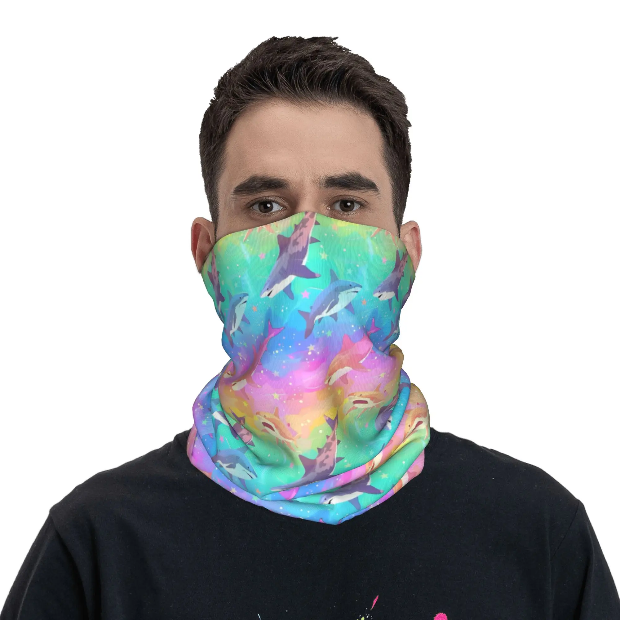 Custom Blue Watercolour Shark Bandana Neck Gaiter for Ski Camping Women Men Wrap Scarf Cartoon Ocean Animal Headband Warmer view 4