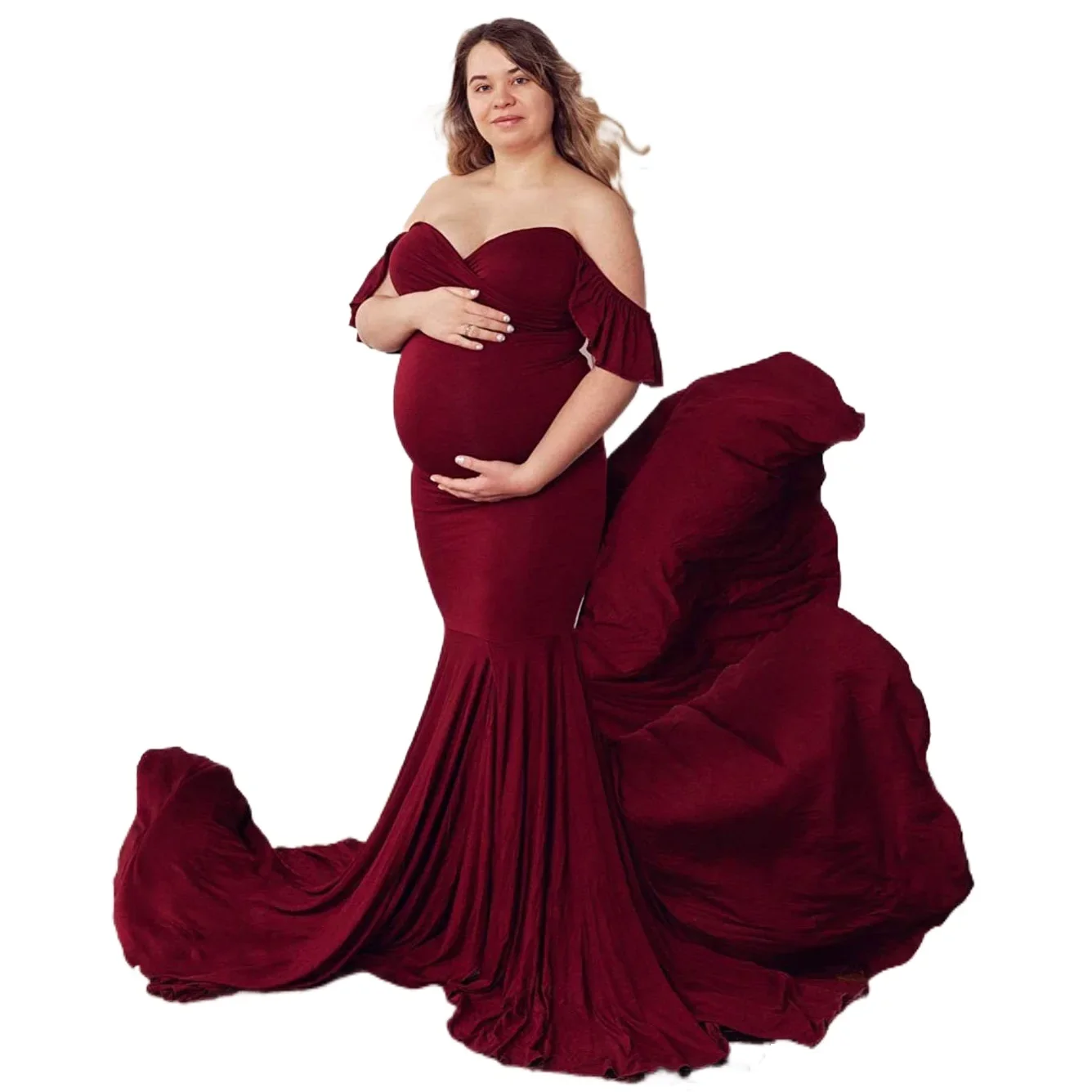 Women's Off Shoulder Ruffle Sleeves Elegant Fitted Maxi Photography Maternity Dress for Photoshoot Baby Shower Photo Shoot