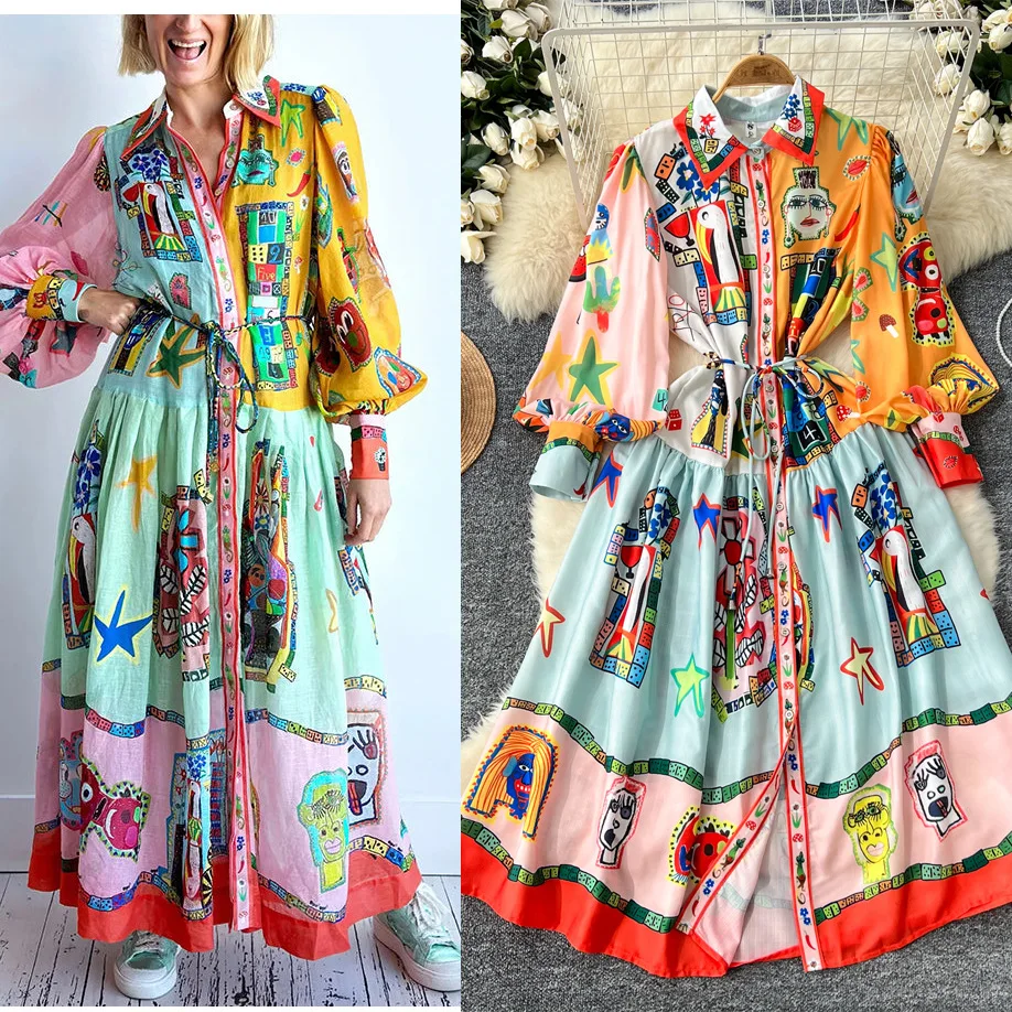 

2024 Autumn European and American Elegant Graffiti Printing Lantern Sleeve Lace-up Waist Pendula Long Dress Dress Women 365