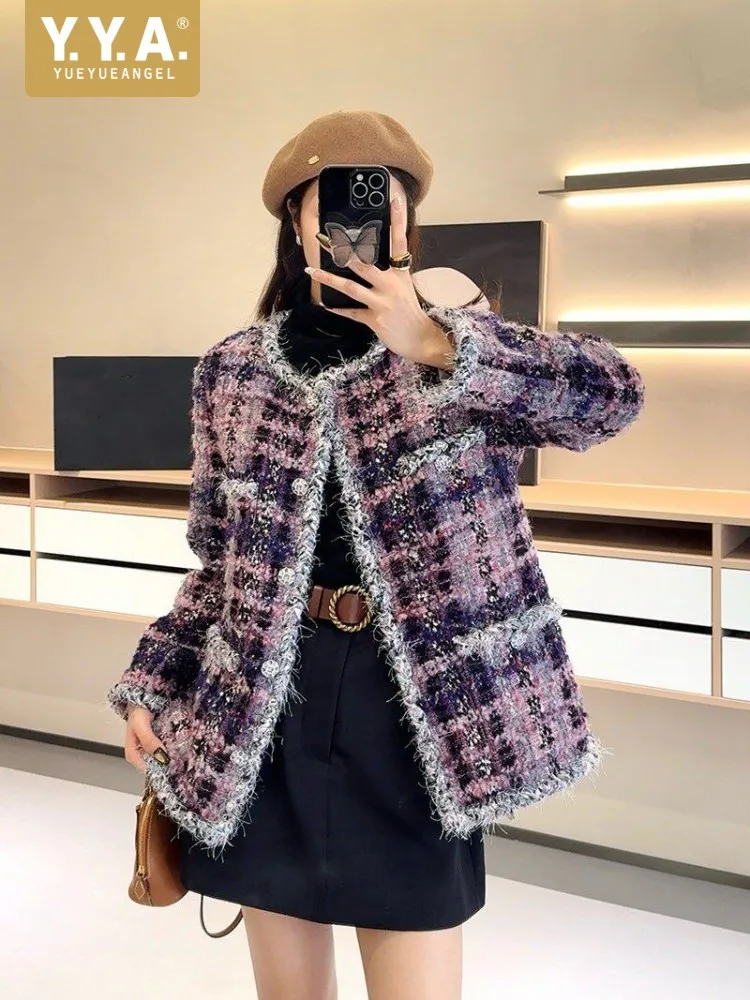 

French Style Female O-Neck Tweed Jacket Fashion Work Ladies Single Breasted Jackets Casual Coat Party Long Sleeve Outerwear