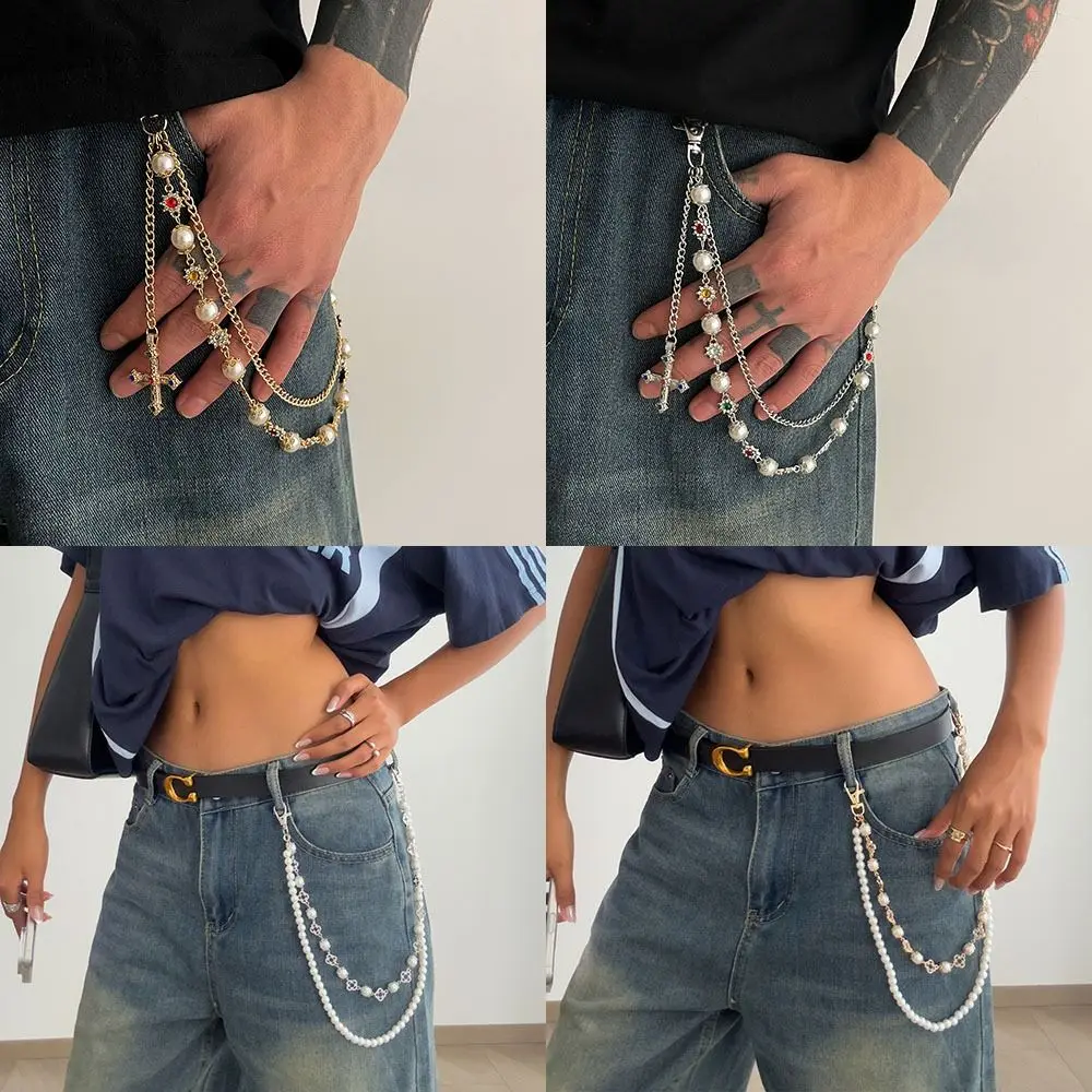 

Изысканная цепочка на талию с крестом в стиле хип-хоп, роскошная цепочка на брюки с кисточками, подвеска в виде креста, Harajuku, жемчужная поясная цепочка в форме сердца для мужчин и женщин