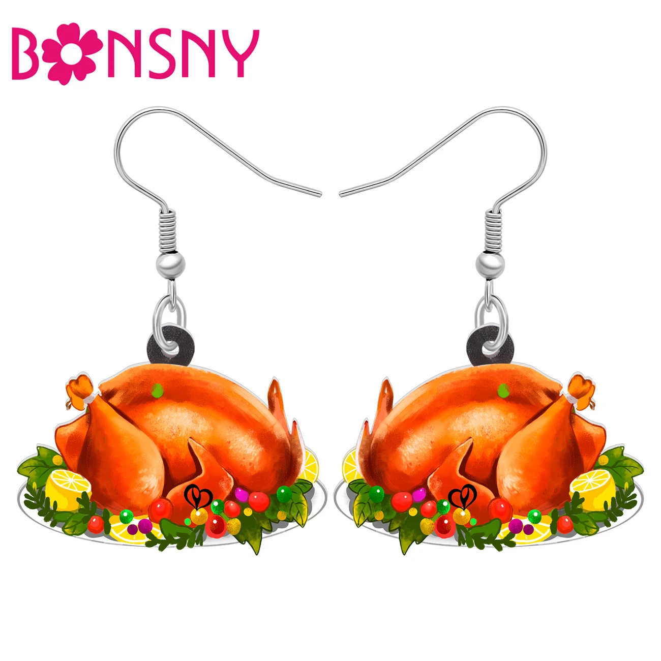 BONSNY Acrylic Thanksgiving Roasted Turkey Dangle Earrings Chicken Lovers Jewelry Thankful Gifts For Women Fall Holiday Charms