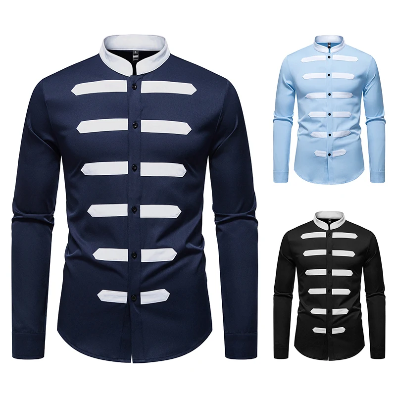 Men Long Sleeve Shirts Henry Collar Mens Dress Shirts Casual Male Clothes Chemise Combination Colour Hemd Homme Shirt H265