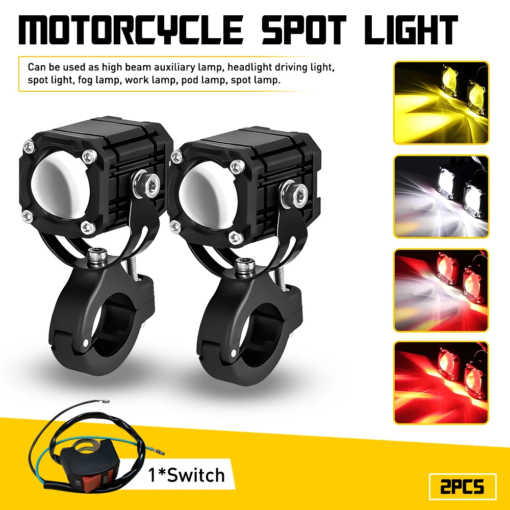 

2X Motorcycle Headlight LED Projector Lens White Yellow Red Driving Lamp Fog Light Auxiliary Additional Spotlight Lamp Universal