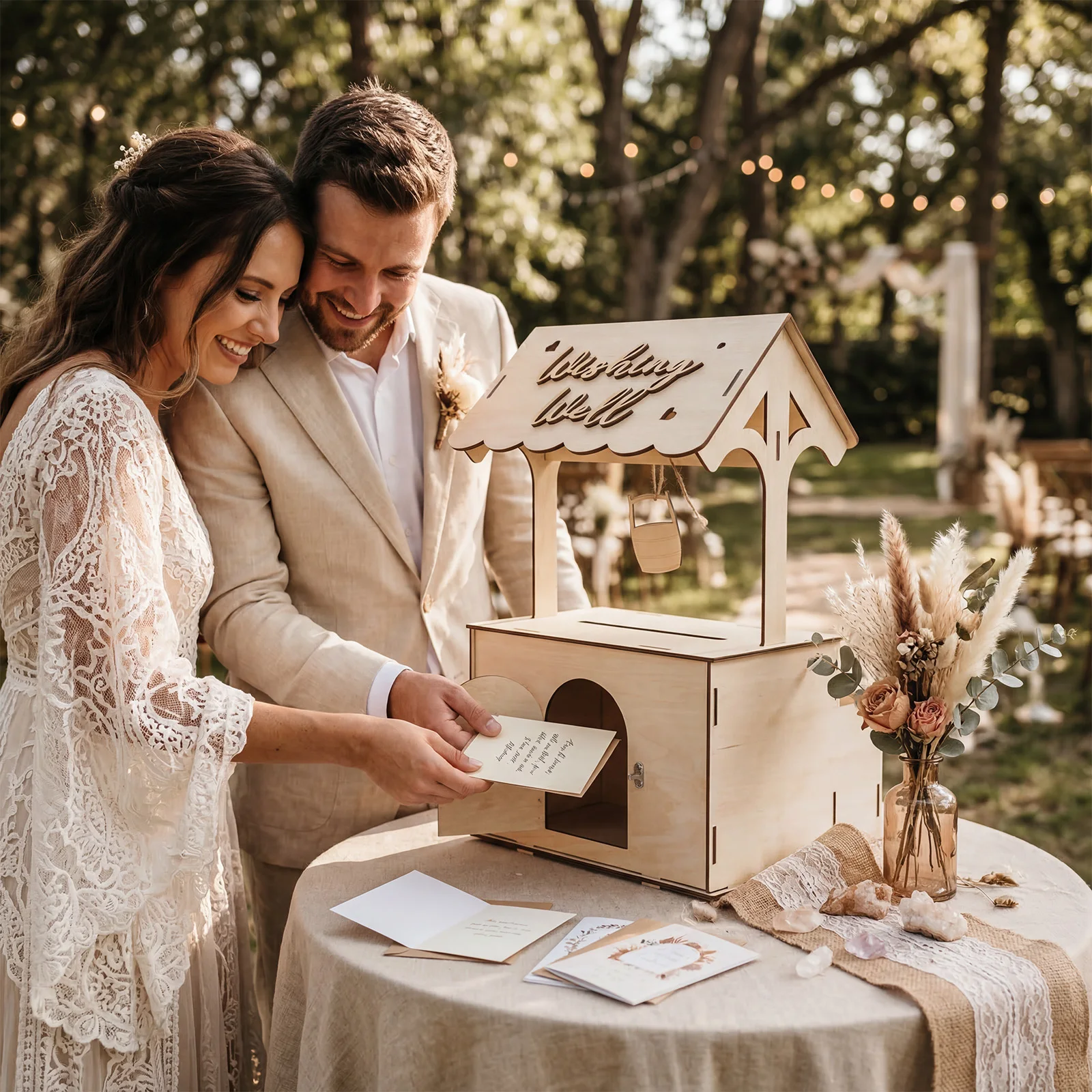 OurWarm Flower Groove Wishing Well Card Box, Natural Wood Color, Suitable for Wedding, Birthday Party, and Reception Decorations view 6