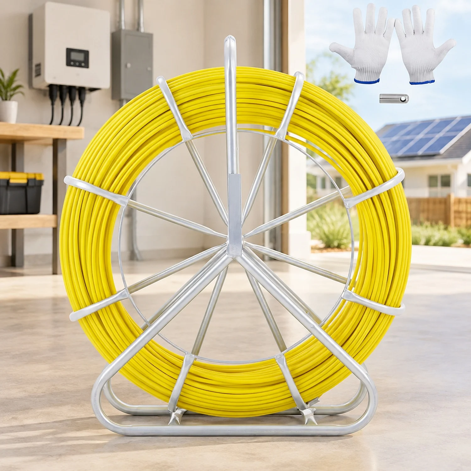 Fish Tape Fiberglass, 656 ft, 1/4 inch, Duct Rodder Fishtape Wire Puller, Cable Running Rod with Steel Reel Stand, 3 Pulling