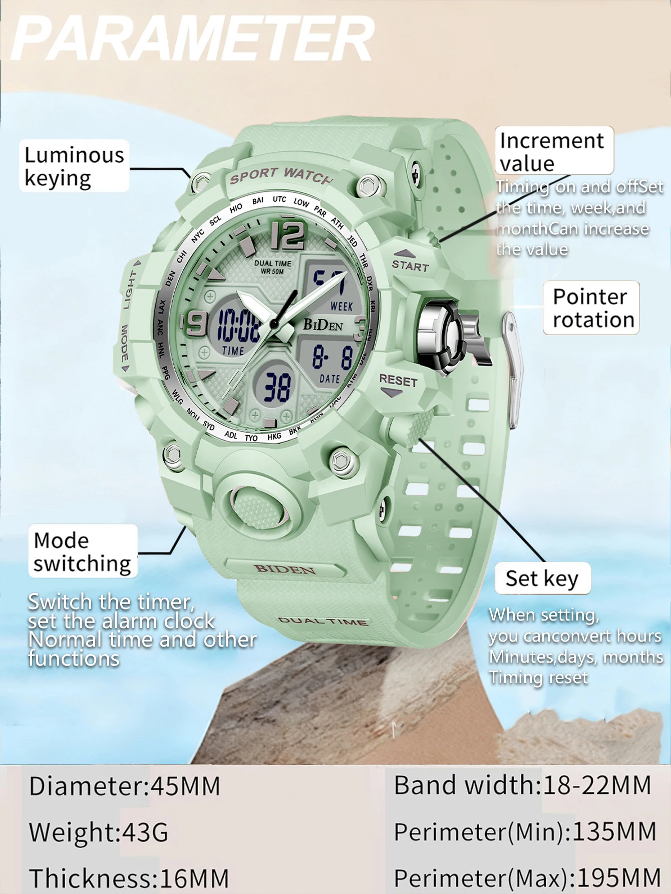 BIDEN Fashion dual display sports watch waterproof timing quartz watch suitable for both men and women digital clock luminous