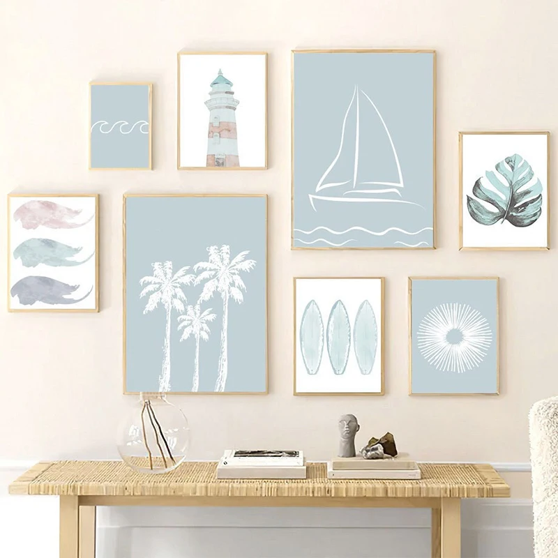 Blue White Lighthouse Sailboat Palm Tree Surfboard Poster Prints Canvas Printing Minimalism Wall Art Picture for Room Home De