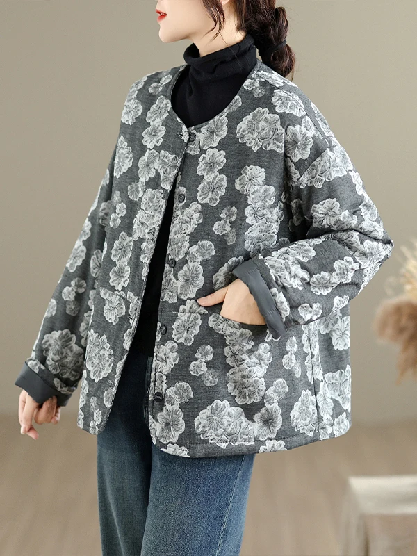 

Women's Warm Cotton Jaet ort Coat Autumn Winter Loose plus Size Retro Woven Floral Thiened Long Sve round Ne Button