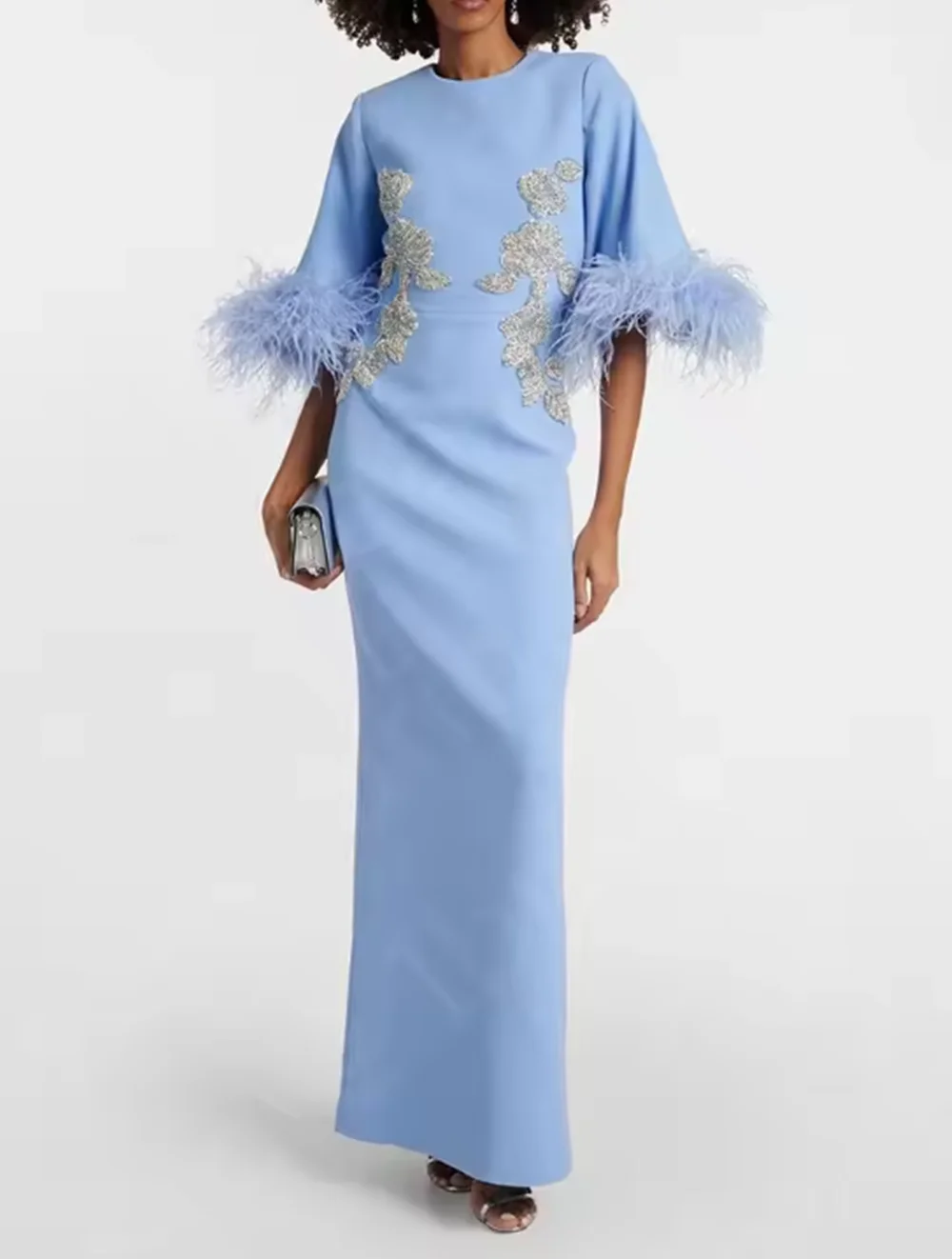 Nuevo vestido de plumas azul bebé 2024, vestido para madre para mujer, vestido para madre de la novia de manga 3/4, vestido árabe para invitados de boda con abertura en la espalda