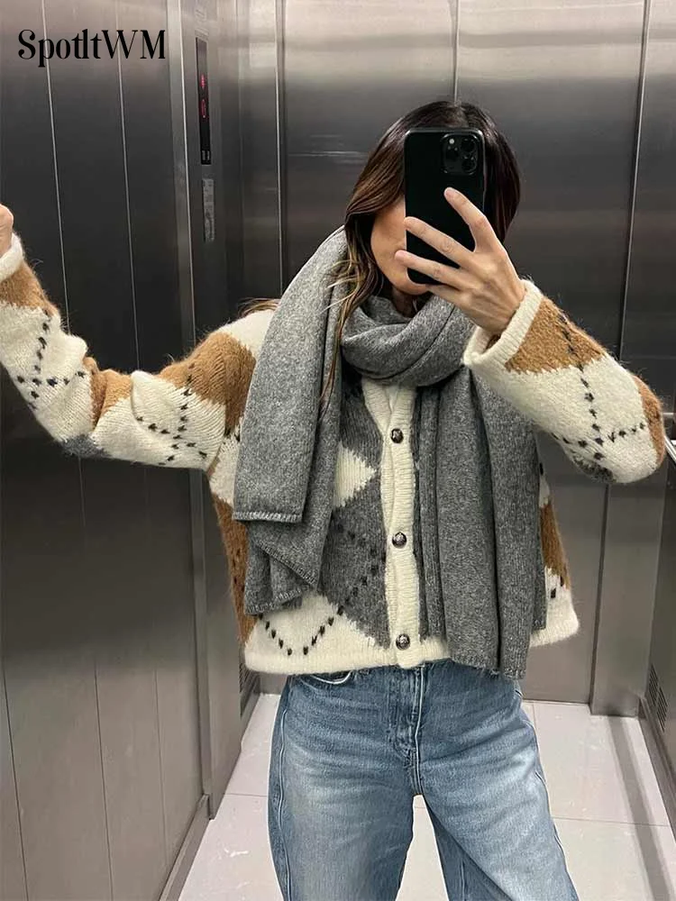 Diamond Check Cardigan For Women Long Sleeve O Neck Ladies Knitted Casual  Coat 2024 Autumn Winter Festival Loose Thin Sweater