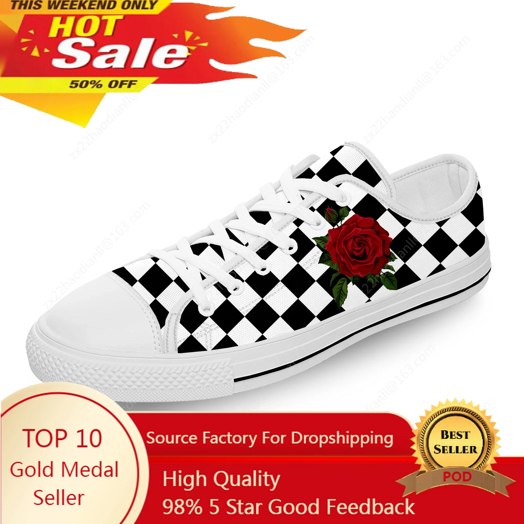 

Black And White Squares Rose Flower Low Top Canvas Shoes Men Women White Cloth Fashion 3D Print Lightweight Breathable Sneakers