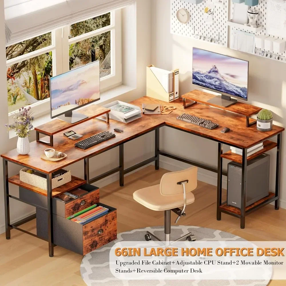 66 "L-shaped Computer Desk with Shelves, Foldable Corner Game Table with File Drawers and Dual Monitor Stand, Rustic Brown Color