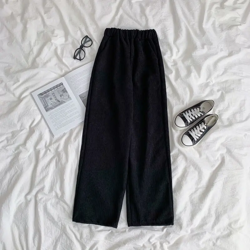 بنطال ذو قصة أرجل واسعة للنساء بطول الكاحل فضفاض بخصر مطاطي موضة الخريف الصلبة أنيقة للطلاب كل مباراة جيوب نسائية بنطلون بسيط