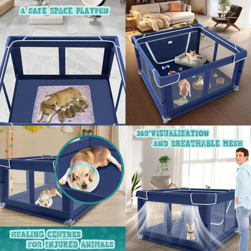 

Прочный синий манеж для домашних животных с воротами для маленьких собак, подходит для внутреннего и наружного использования, 42x42x25,6