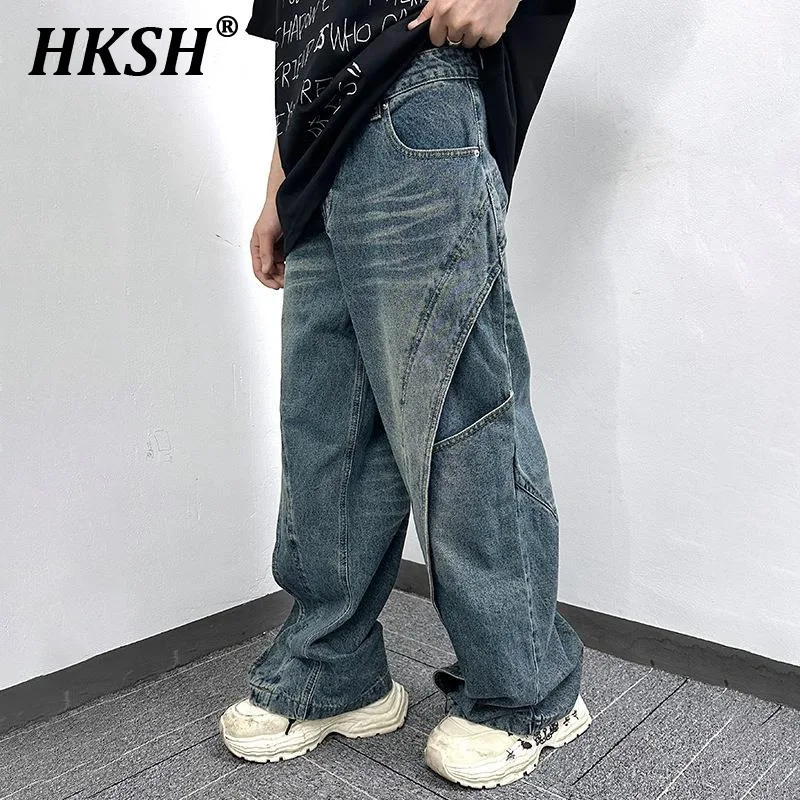 

HKSH Spring New man punk High Street Deconstruction Spliced Jeans Niche Casual Trendy Loose Worn Straight Leg Denim Pants HK4872