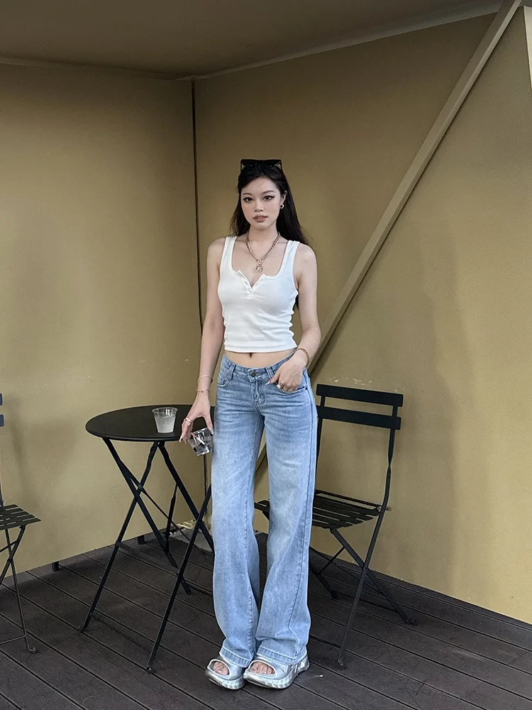 

Spring Summer New Sle Light Blue Low Waist Versatile Straight Loose Wide Leg Floor Length Jeans Women Trendy High Wear Resi...