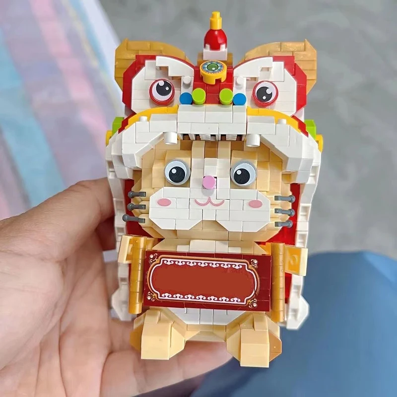 

Mini Lion Dance Lucky Cat Building Block Set Chinese Traditional Culture Spring Festival Animal Model Ornaments Toys Gifts