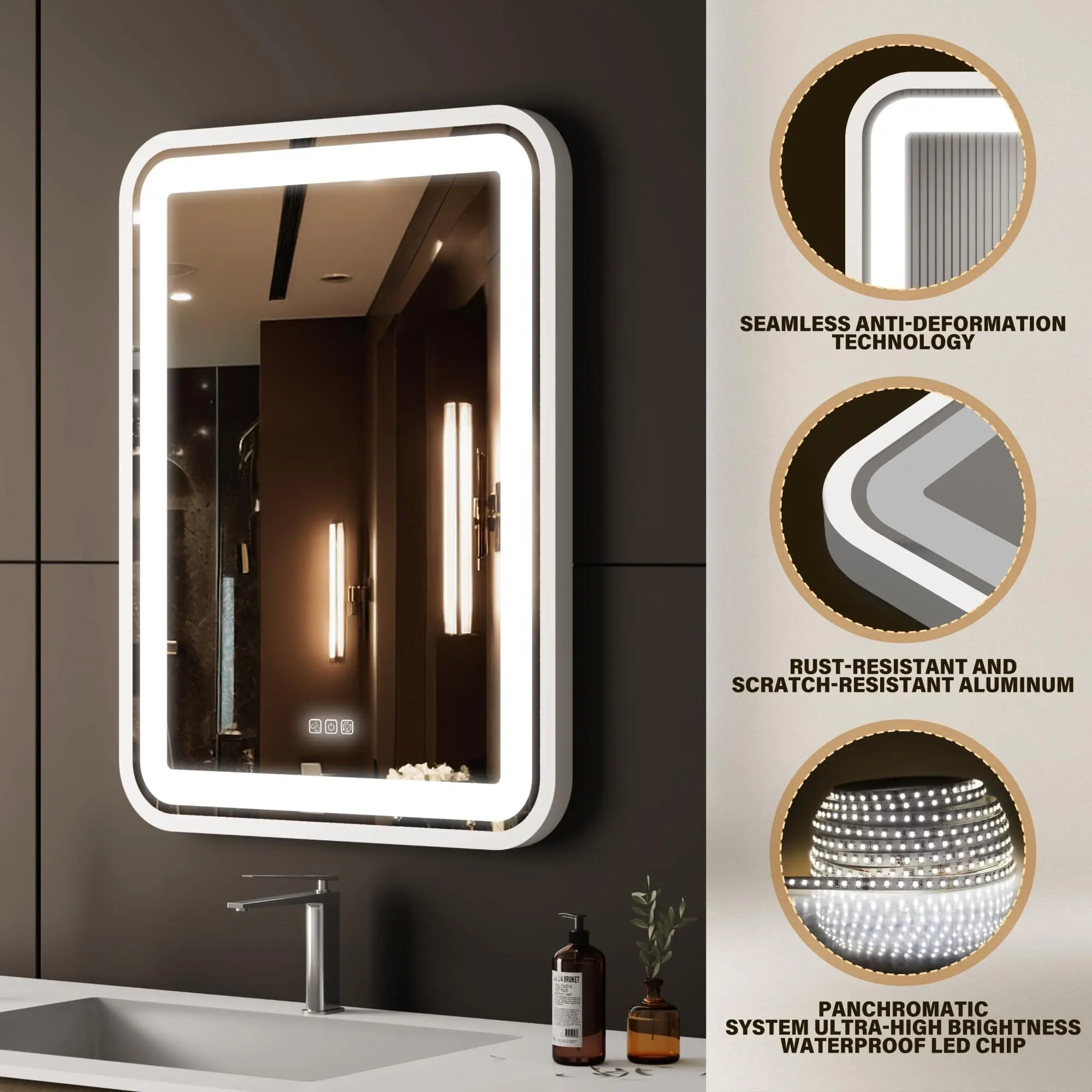 Smart LED Bathroom Vanity Mirror with Light 32x24 Wall-mounted Frame Makeup Mirror Dimmable 3 Color Temperature [U]