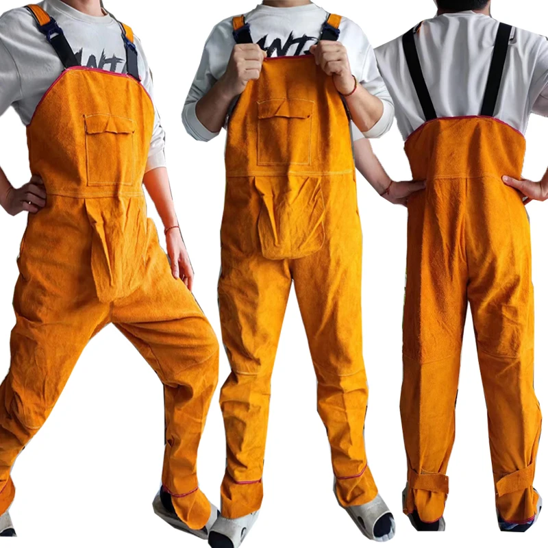 

Welding Clothing Men's Overall Safety Coverall High Temperature Protective Leather Flame Retardant Repairman Welder Strap Pants