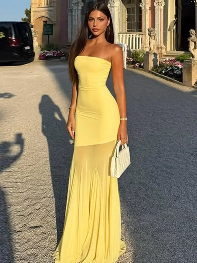 

Mesh Off-shoulder Backless Sexy Maxi Dress Women Fashion Patchwork Strapless Sleeveless Bodycon Club Party Long Dress
