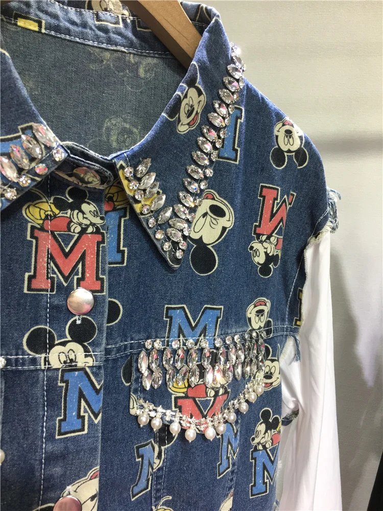 European Goods Heavy Industry Beads Shirt Women Spring Autumn Loose Mid-Length Stitching Denim Blue Casual Cartoon Top Female