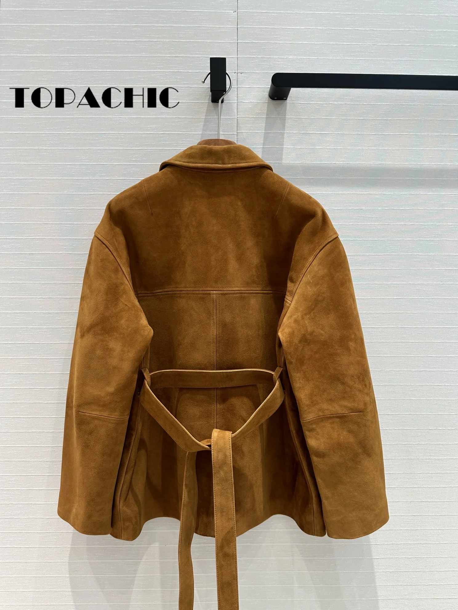 7.15 TOPACHIC-Women Letter Embroidery Streetwear Versatile Genuine Leather Coat 2024 New With Sashes Lapel Kid Suede Jacket