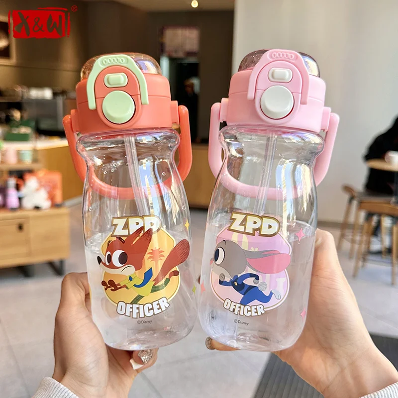 X&W Zootopia Plastic Water Bottles Cute Judy Nick Kids Water Cup Pop-Up Dual-Drinking Straw Cup Leakproof Summer Cold drink cups