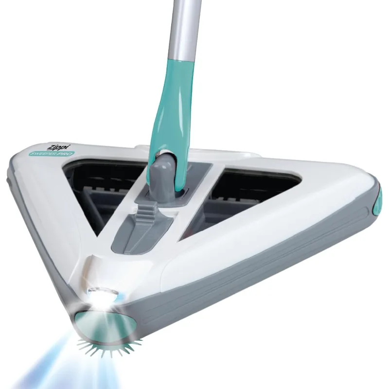 Zippi Lightweight Sweeper, Perfect for Short Carpet Hardwood & Tile, Triangular Design Allows for Sweeping in Corners, LED Light